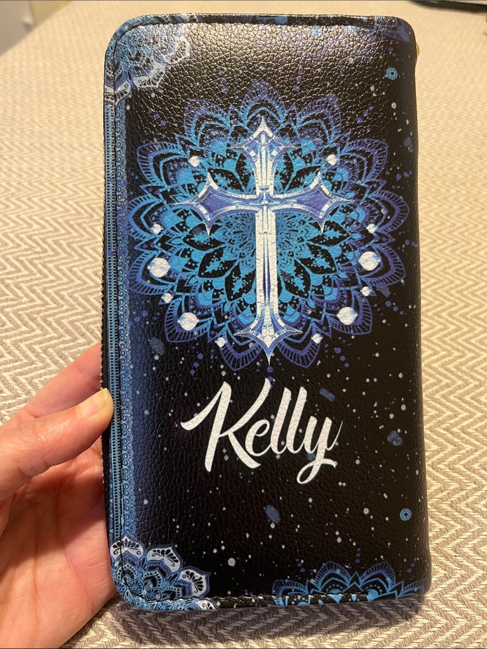 NWT! Personalized Kelly Blue Cross & Mandala Faux Leather Wallet. In gift box.
